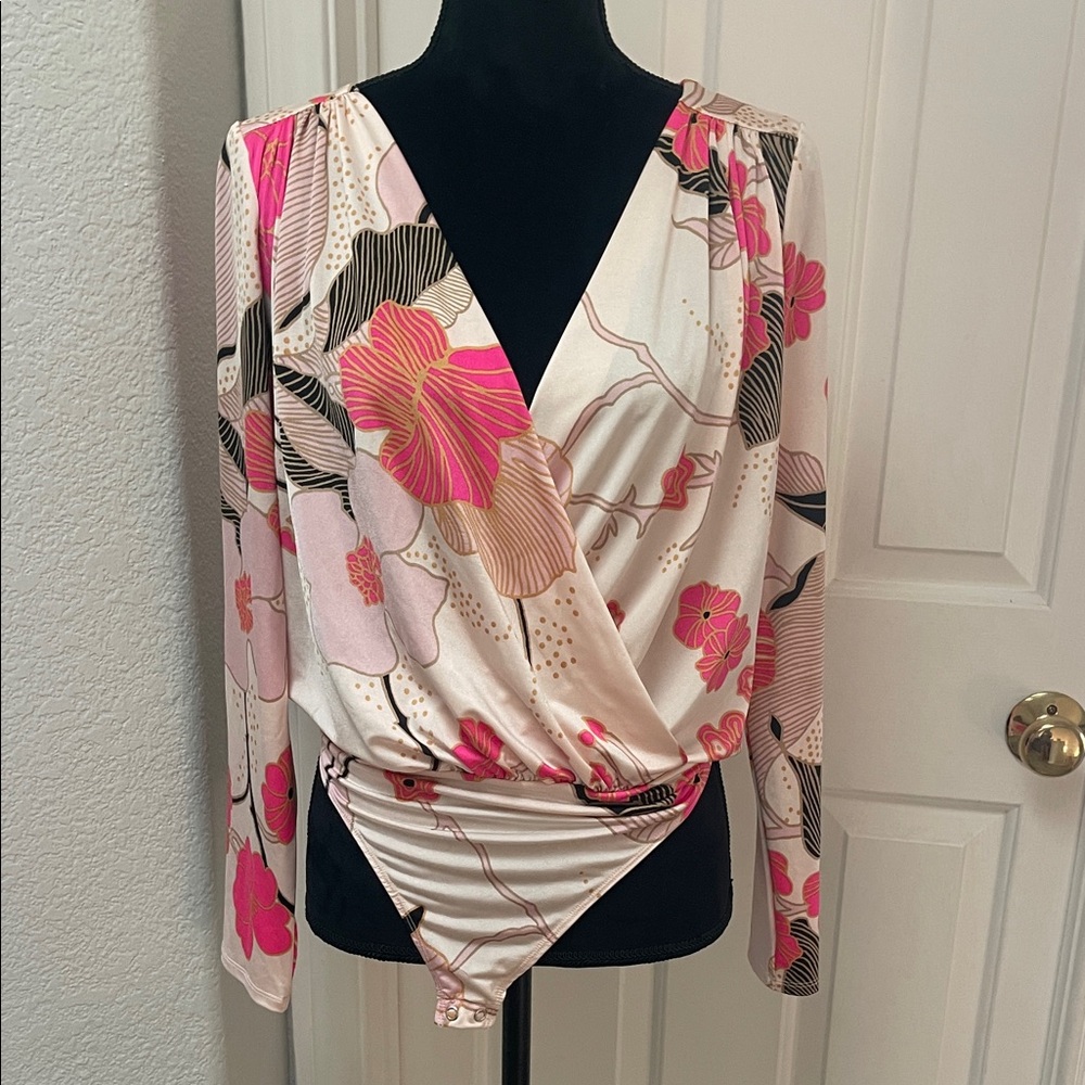 Express Pink and black Floral Bodysuit